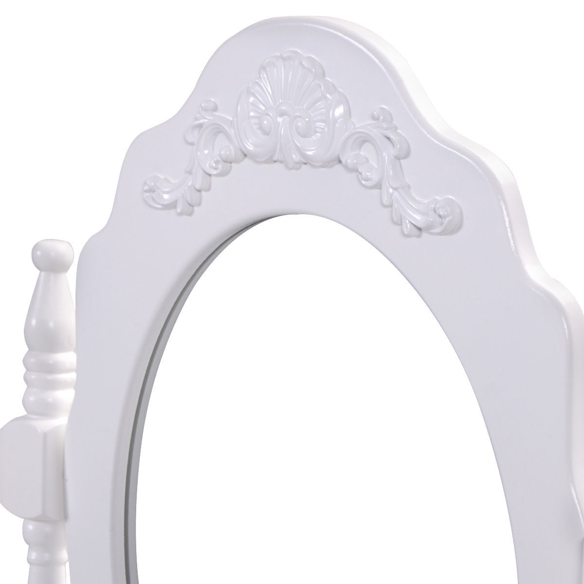 Vanity Table Set with Cushioned Stool with 360¬∞ Rotating Oval Mirror and Three Drawers-White