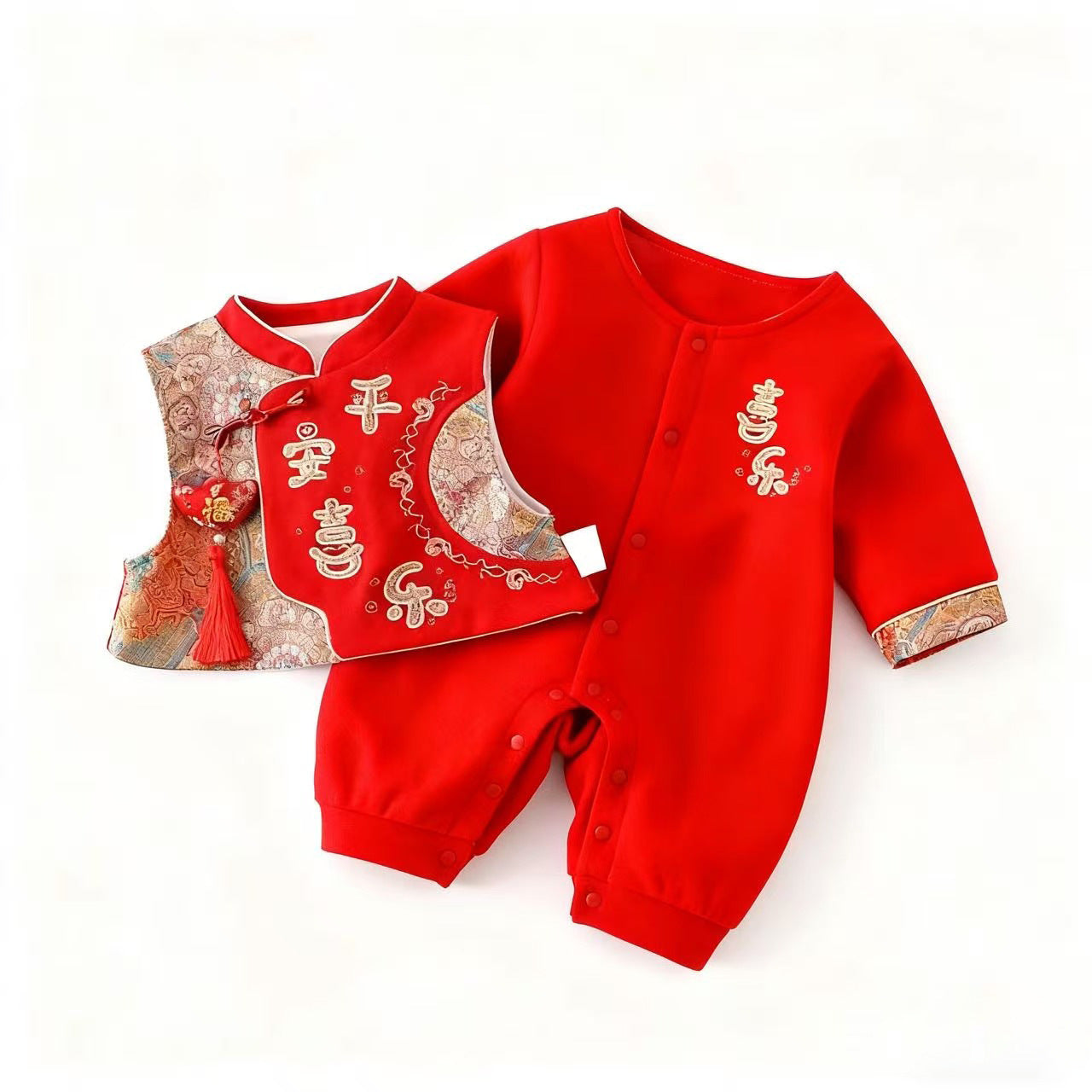 AutumnWinter Red Festive Fleece-Lined Warm RomperCrawling Suit