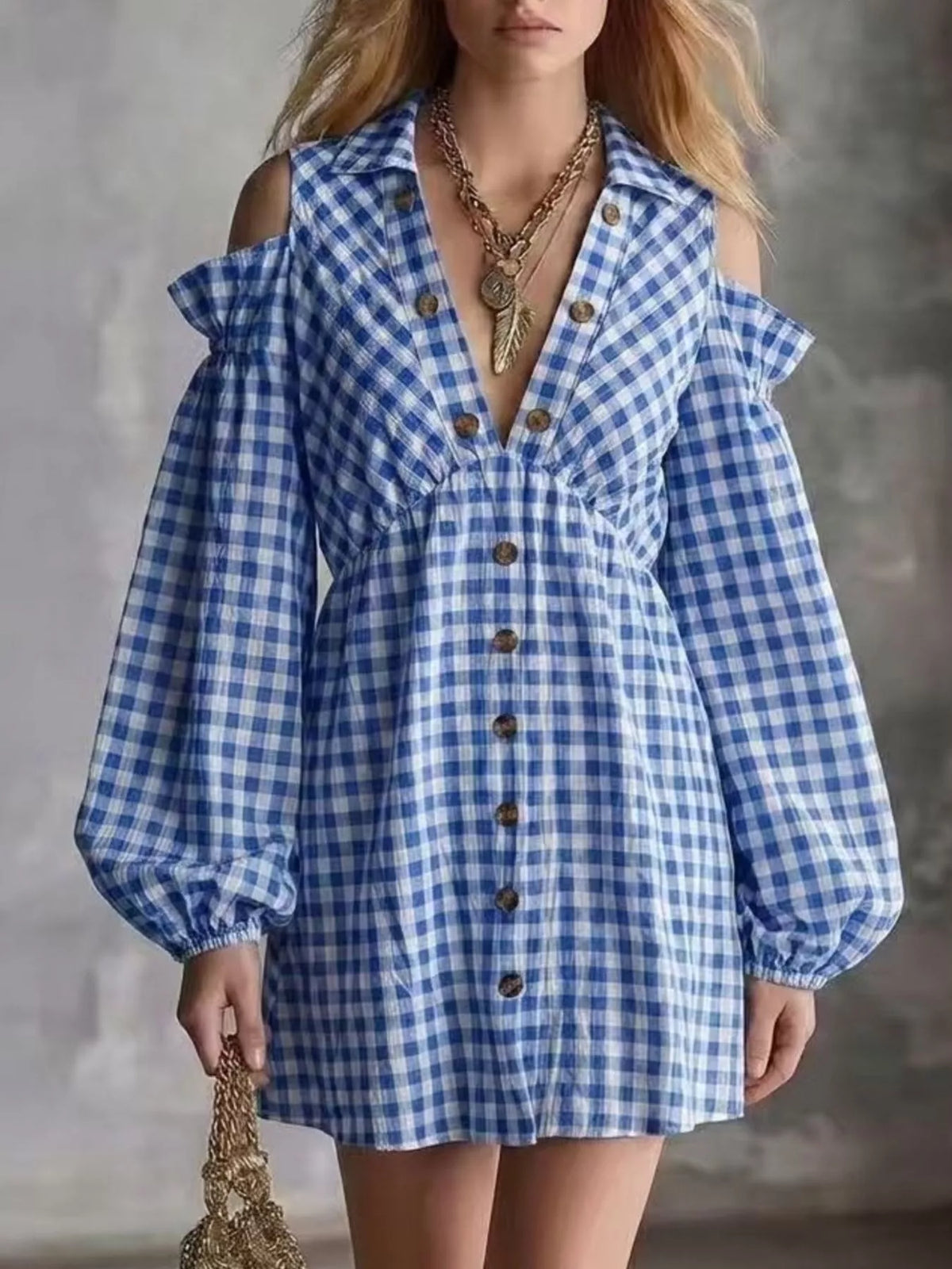 Gingham Cold-Shoulder Mini Dress