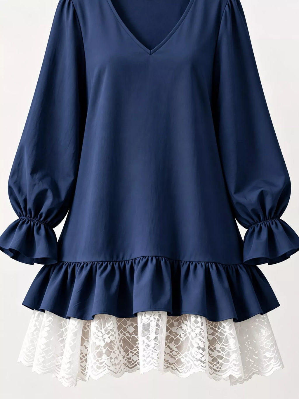 Lace Hem V-Neck Flounce Sleeve Dress