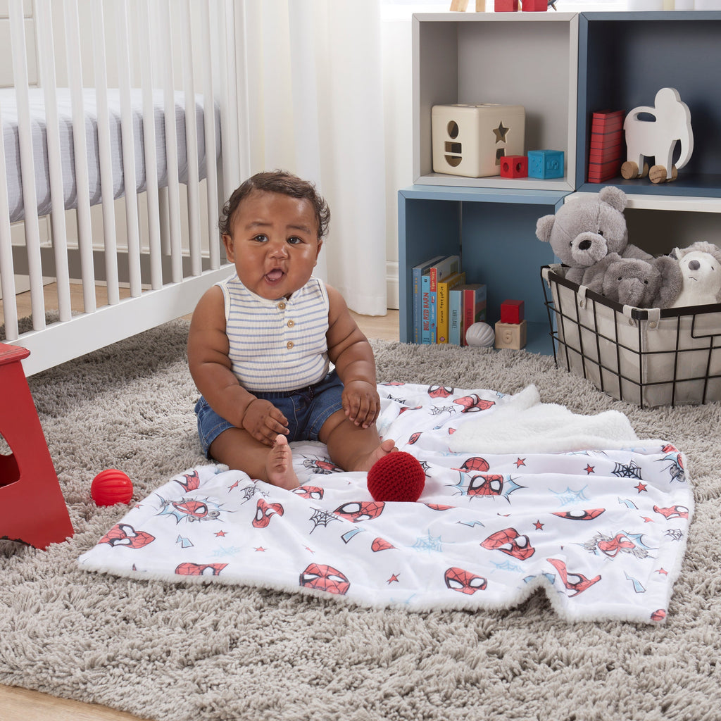 NoJo Marvel Spider-Man Super Hero Plush Sherpa Baby Blanket, Red, Gray, White