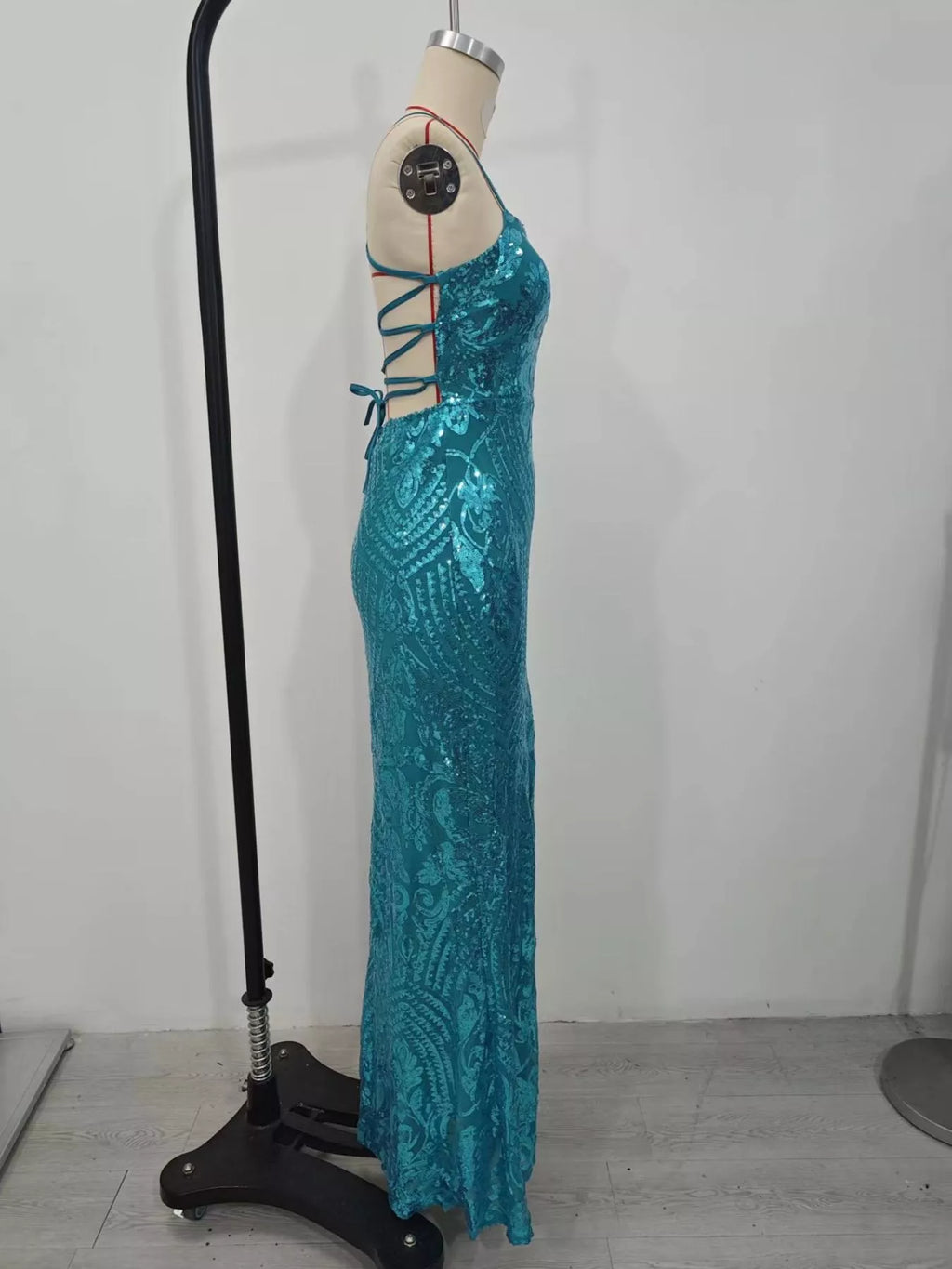 Sequin Embellished Bodycon Backless Evening Dress with Back Lace-Up