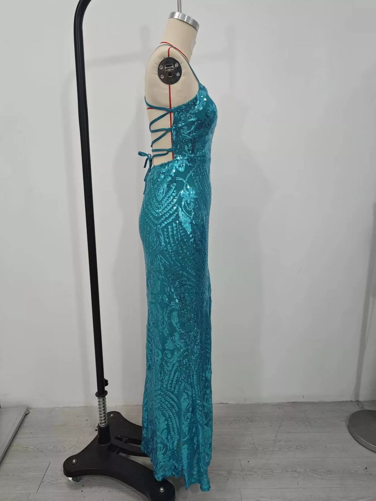 Sequin Embellished Bodycon Backless Evening Dress with Back Lace-Up