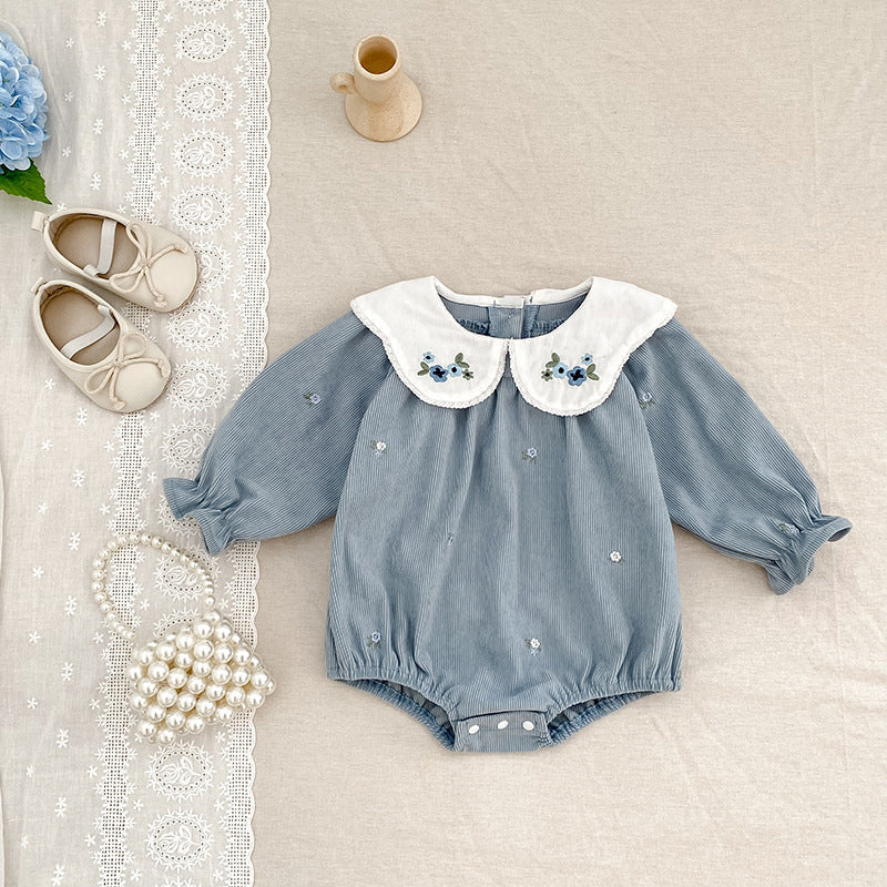 Western-style Embroidered-collar Long-sleeve Romper For Baby Girls