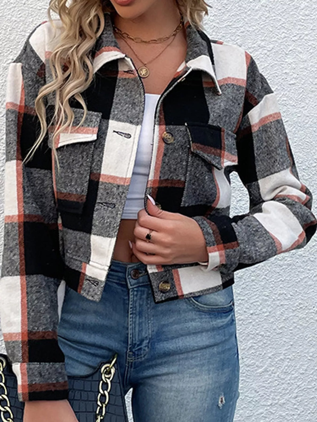 Plaid Button-Front Cropped Jacket