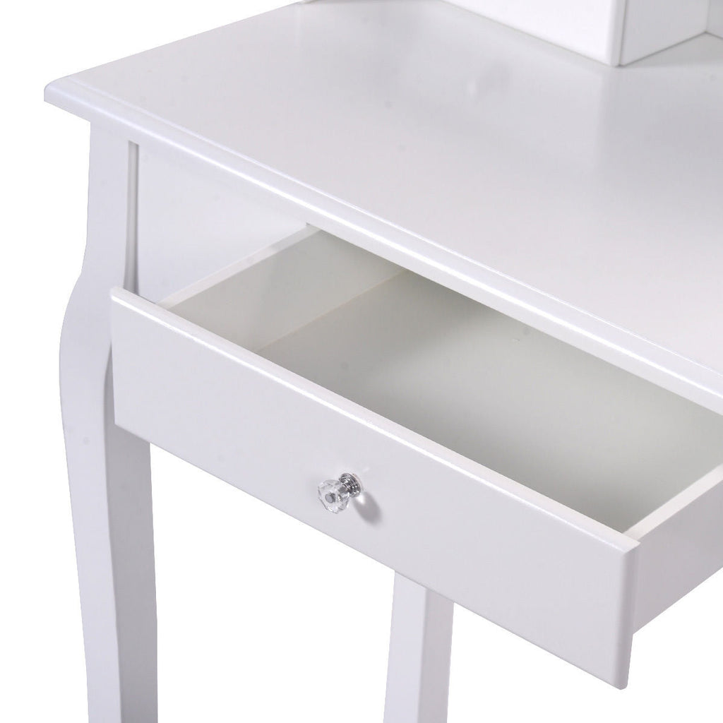 Vanity Table Set with Cushioned Stool with 360¬∞ Rotating Oval Mirror and Three Drawers-White