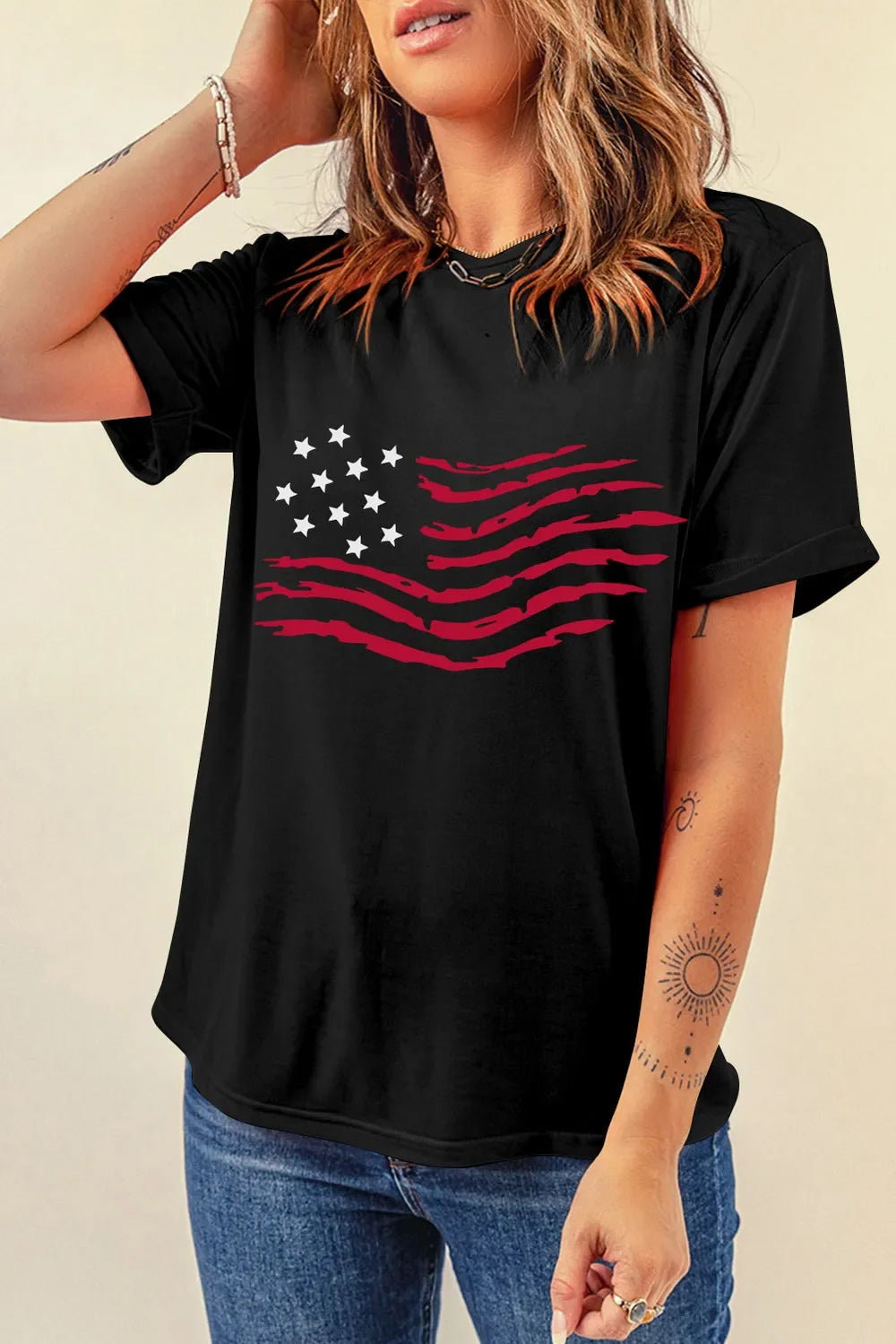 US Flag Print Round Neck Short Sleeve T-Shirt