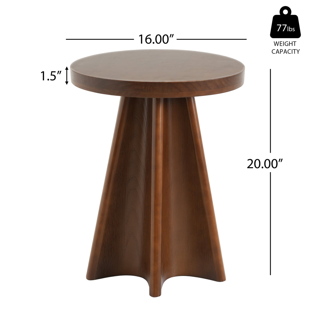 Flower Shaped Solid Pine Round Side Table with Artistic Petal Base - Walnut