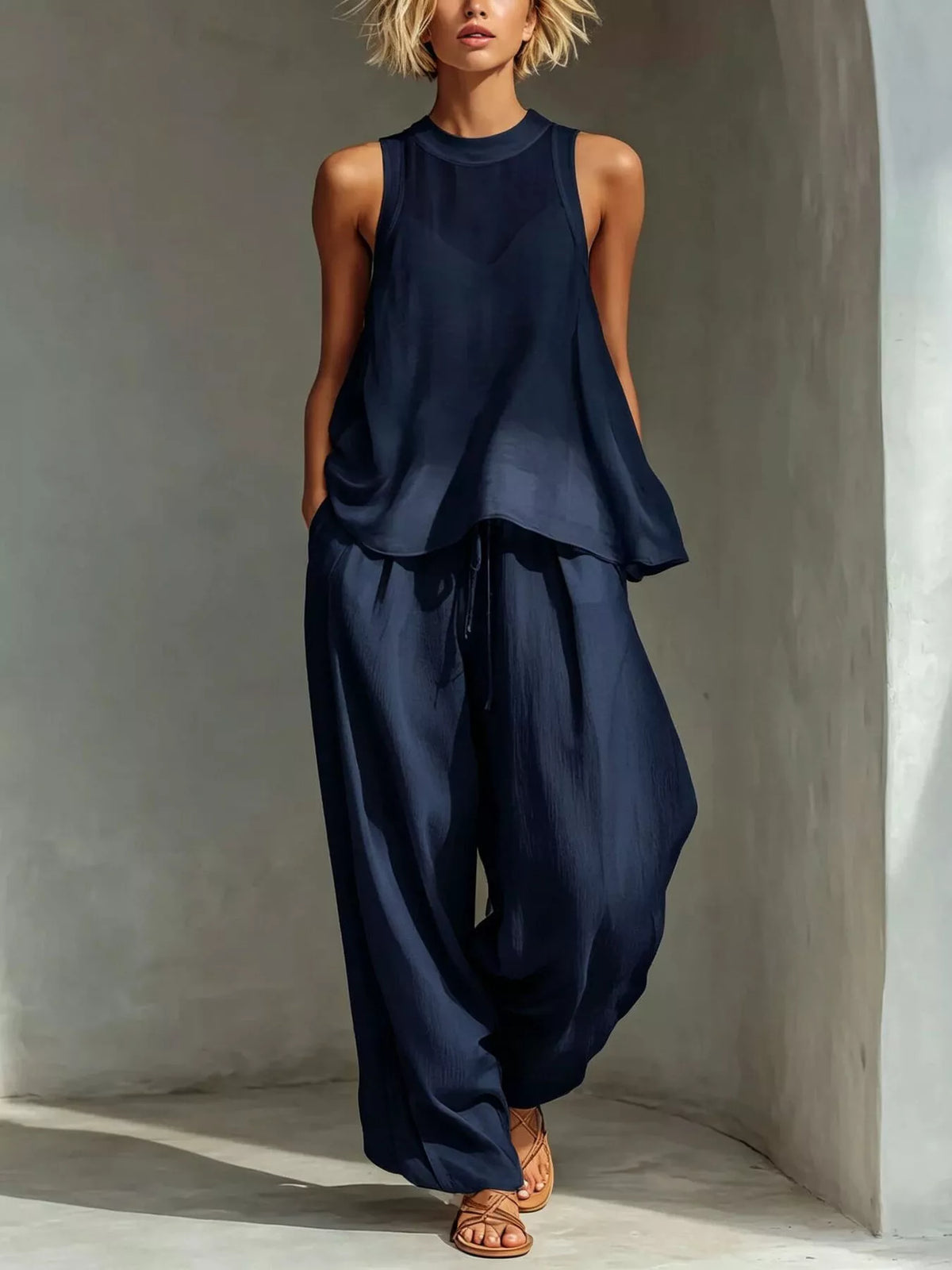 Full Size Sheer Sleeveless Top and Wide-Leg Pants Set Plus Size