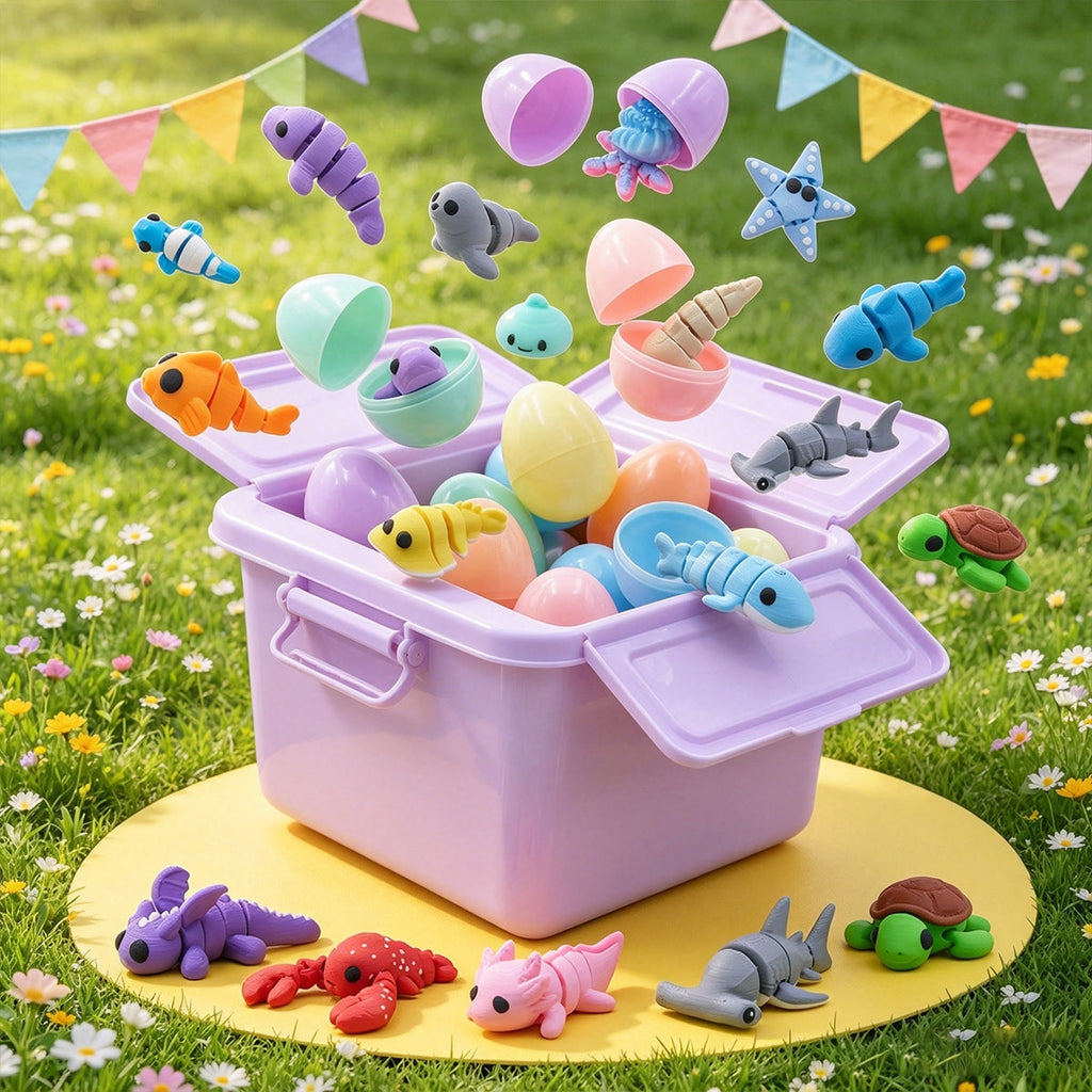 24PCS 3D Printed Mini Ocean Animals With 6 Easter Eggs, Articulated Flexible Sea Creature Figures, Shark Turtle Lobster Starfish Fish Assortment