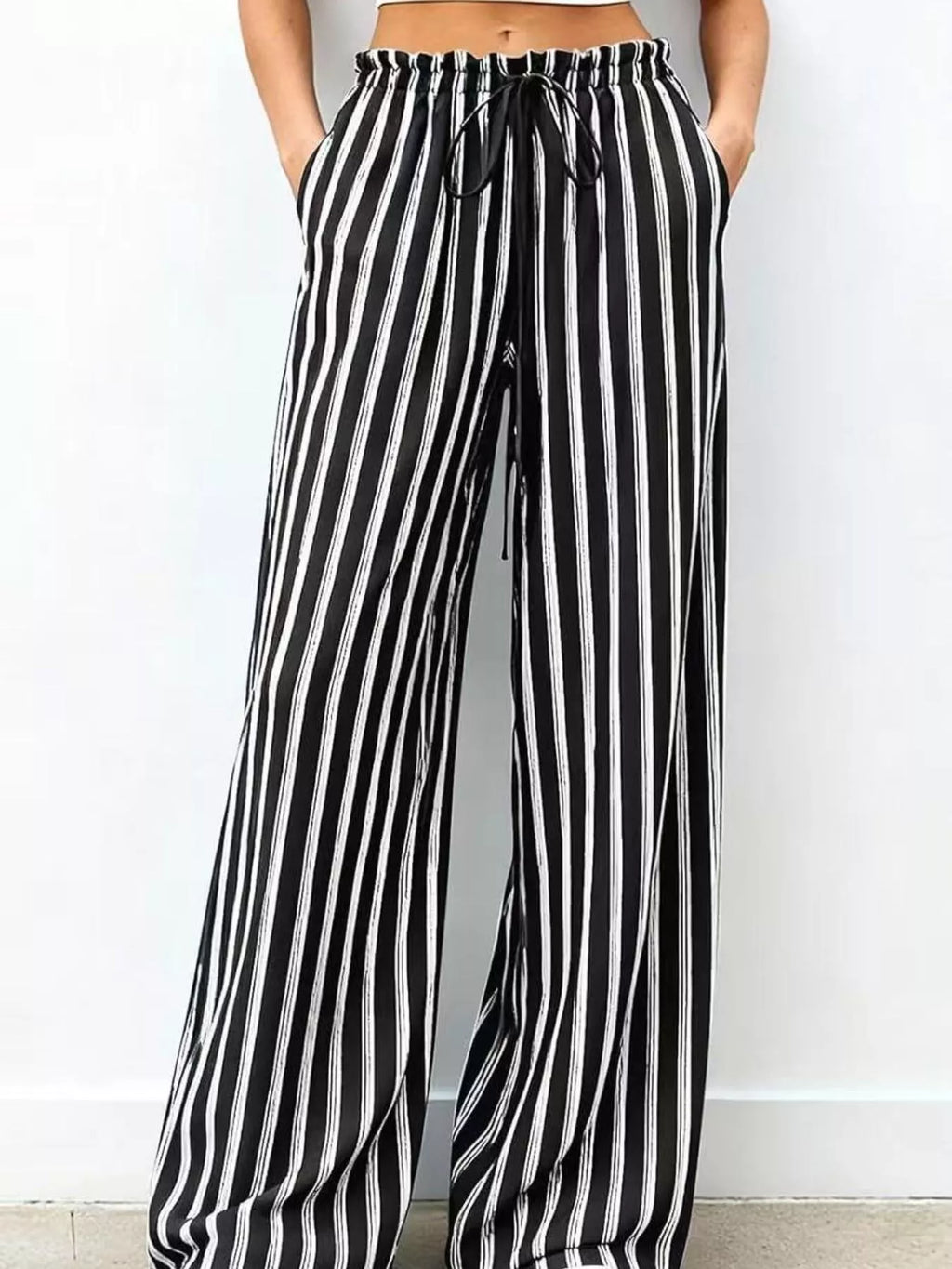 Striped Wide-Leg Drawstring Pants