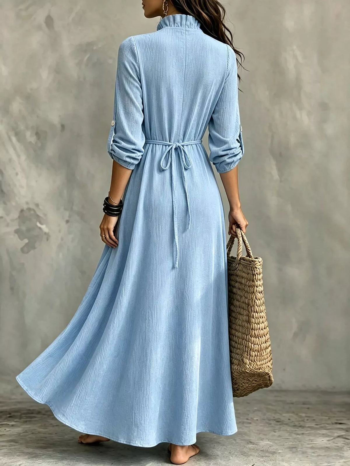 Full Size V-Neck Maxi Dress with Roll-Up Sleeves Plus Size