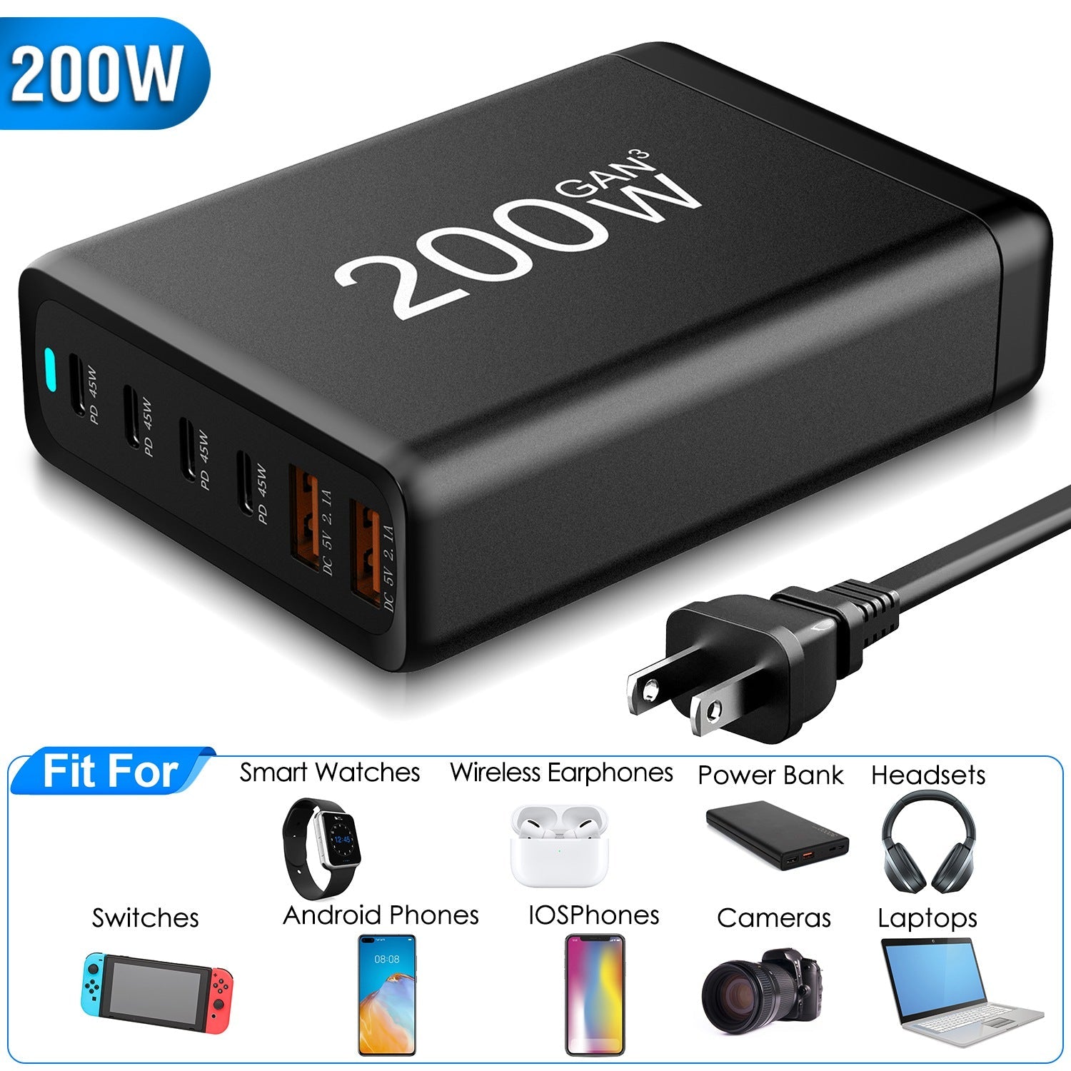 200W GaN Desktop Charger for Laptops and Phones