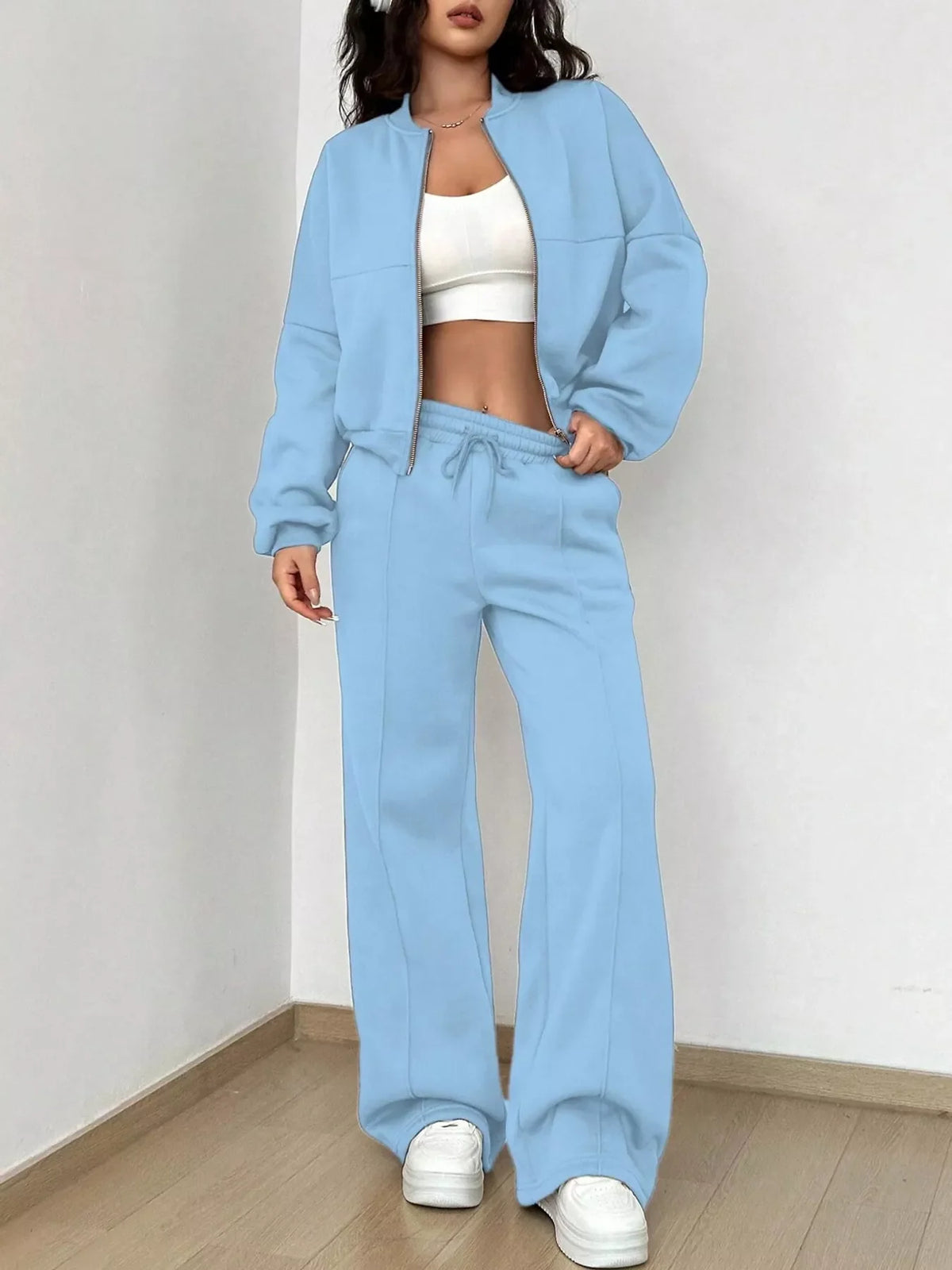 Casual Zip-Up Jacket and Wide-Leg Sweatpants Set