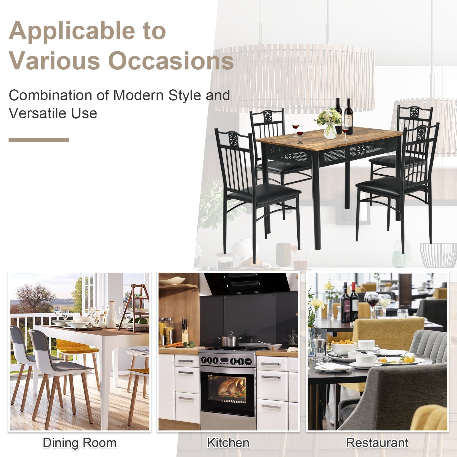 5 Pcs Dining Set Wood Metal Table and 4 Chairs with Cushions