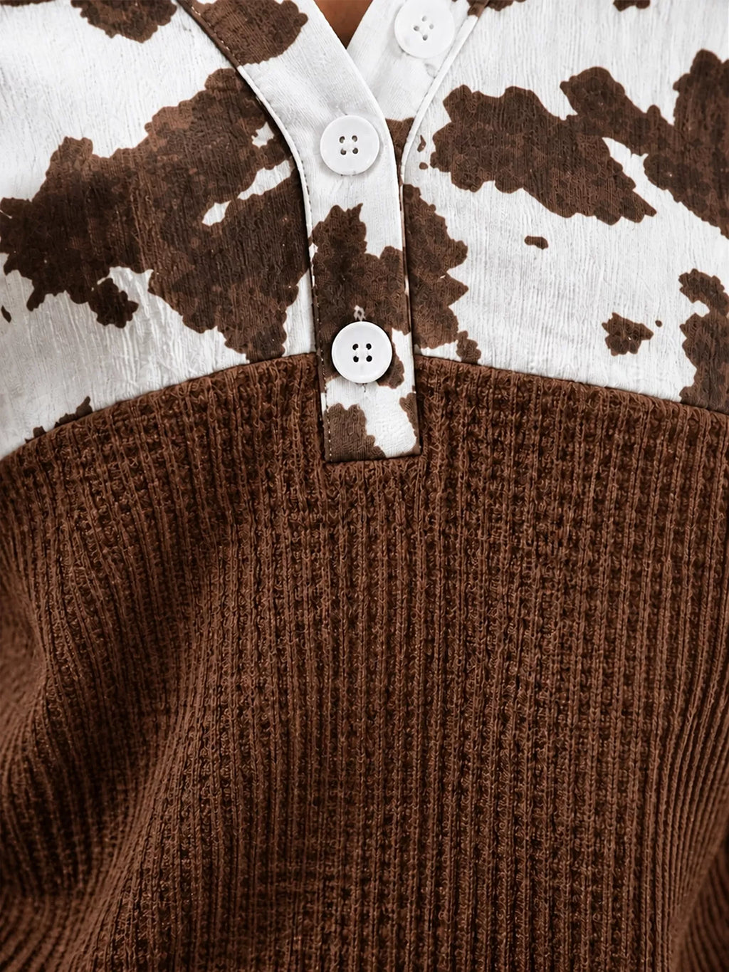 Cow Print Color Block Waffle Knit Blouse