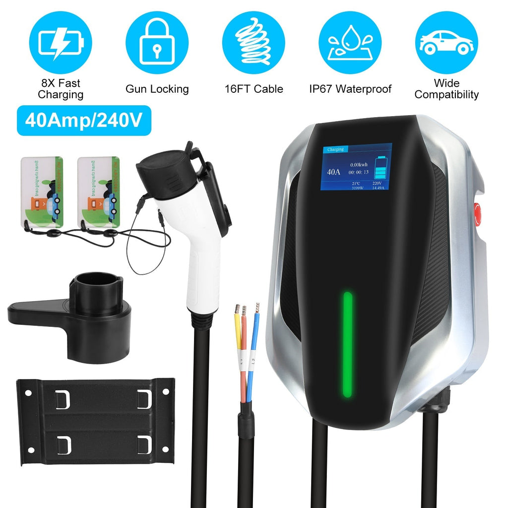 Level 2 Electric Vehicle Charger EV Wall Charger Car Charging Station with 2 Swipecards Digital Display Gun Locking for Home Garage