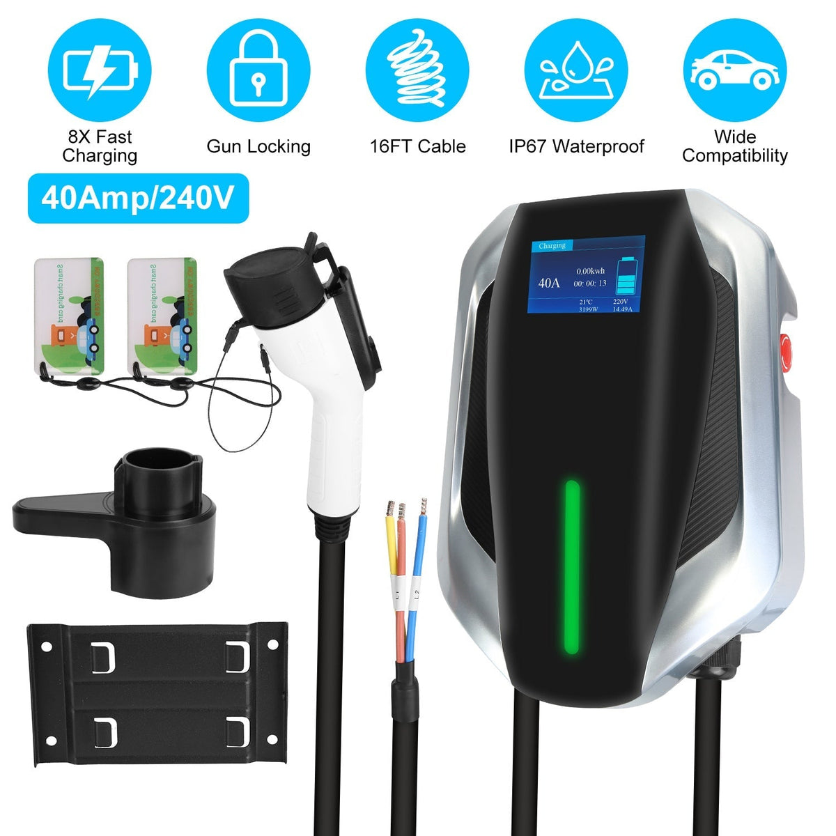 Level 2 Electric Vehicle Charger EV Wall Charger Car Charging Station with 2 Swipecards Digital Display Gun Locking for Home Garage