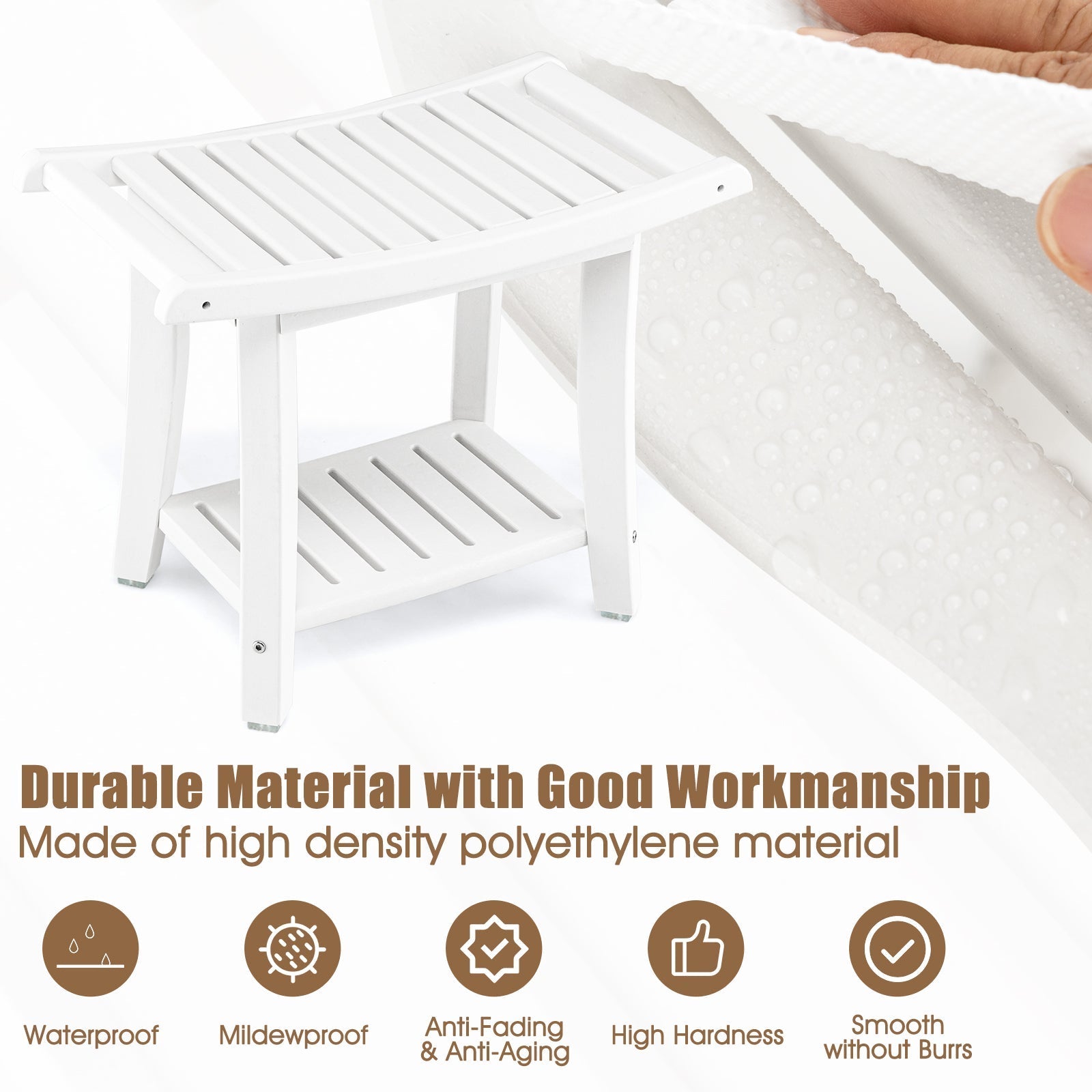 Waterproof Bath Stool with Curved Seat and Storage Shelf