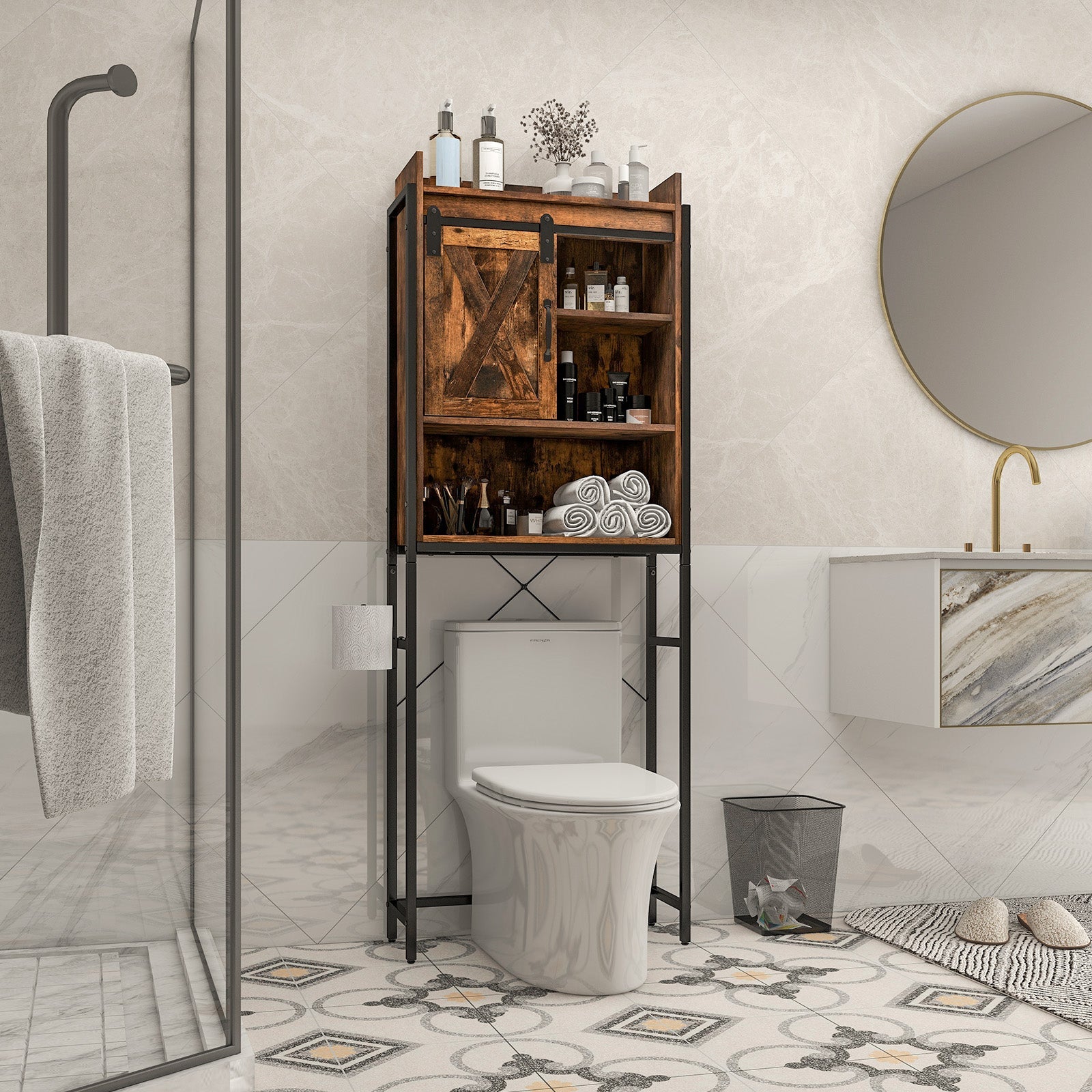 4-Tier Multifunctional Toilet Sorage Cabinet with Adjustable Shelf and Sliding Barn Door
