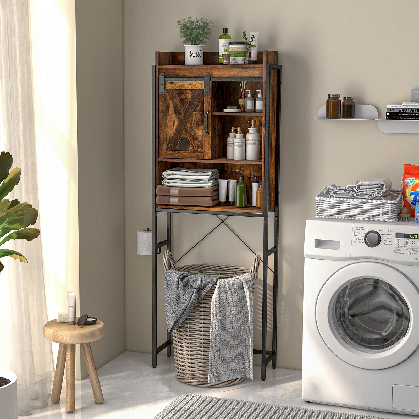 4-Tier Multifunctional Toilet Sorage Cabinet with Adjustable Shelf and Sliding Barn Door