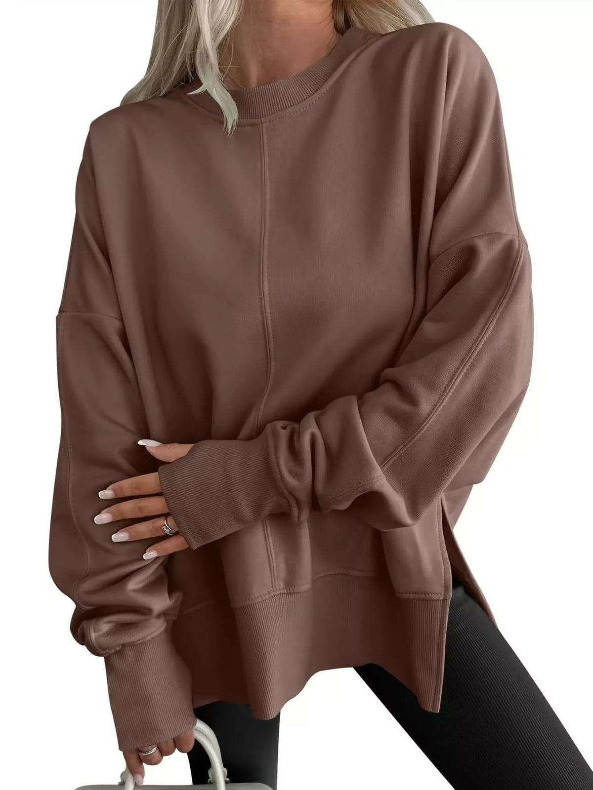 Oversized Crew Neck Sweatshirt with Side Slit