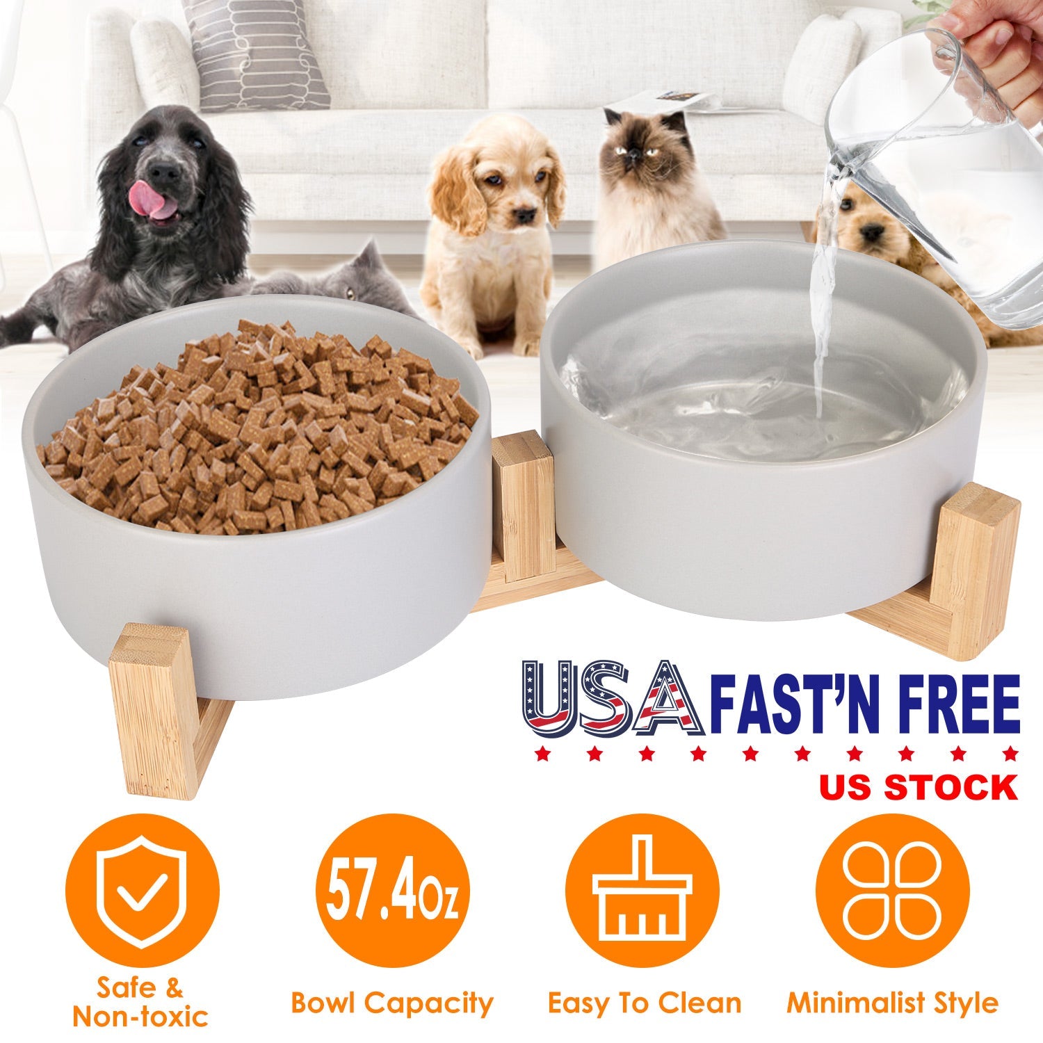 Ceramic Pet Bowls on Wooden Raised Stand