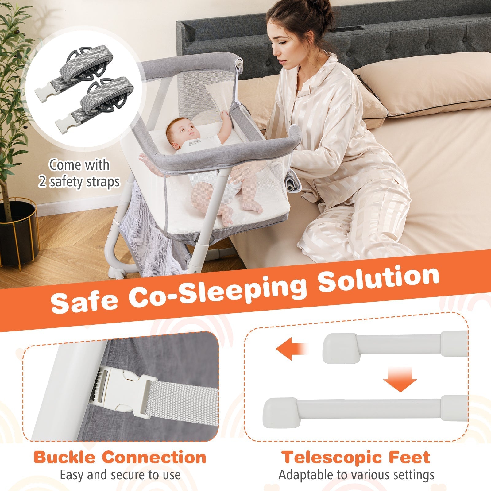 Baby Bassinet Bedside Crib with Adjustable Height Comfy Mattress
