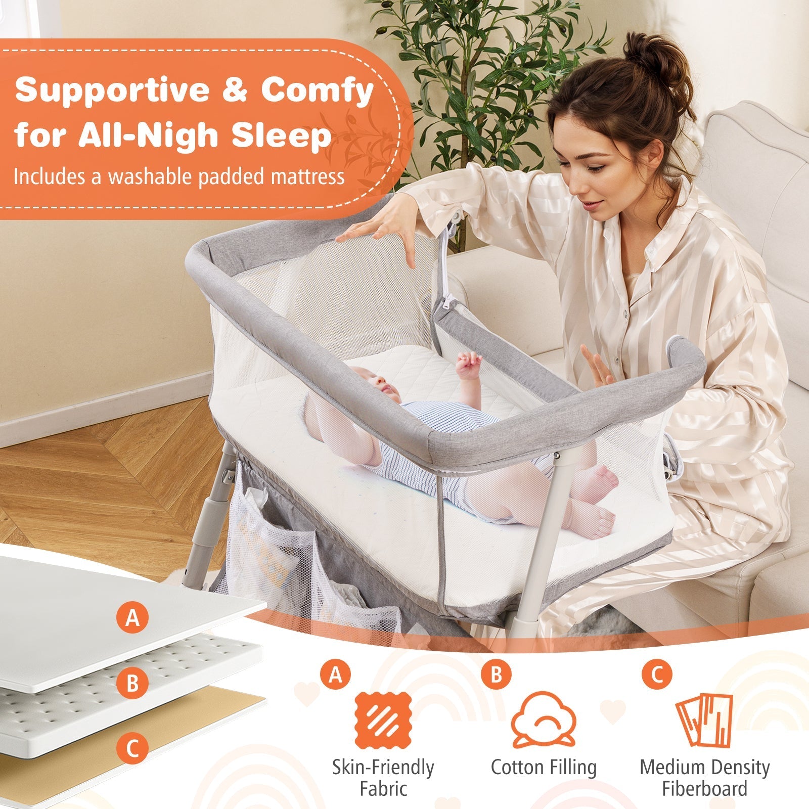 Baby Bassinet Bedside Crib with Adjustable Height Comfy Mattress
