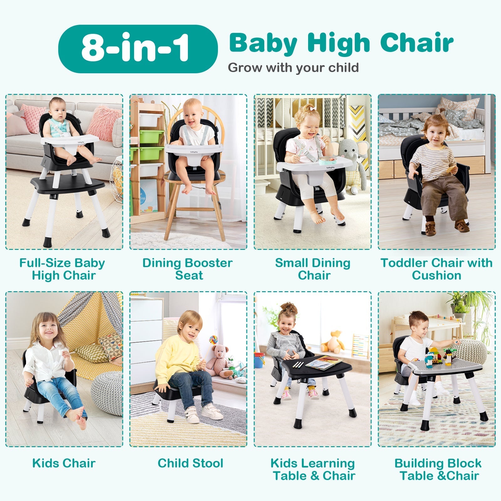 6-in-1 Convertible Baby High Chair with Adjustable Removable Tray