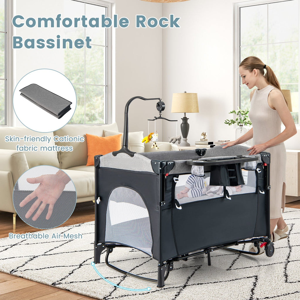 5-in-1 Baby Nursery Center Foldable Toddler Bedside Crib with Music Box