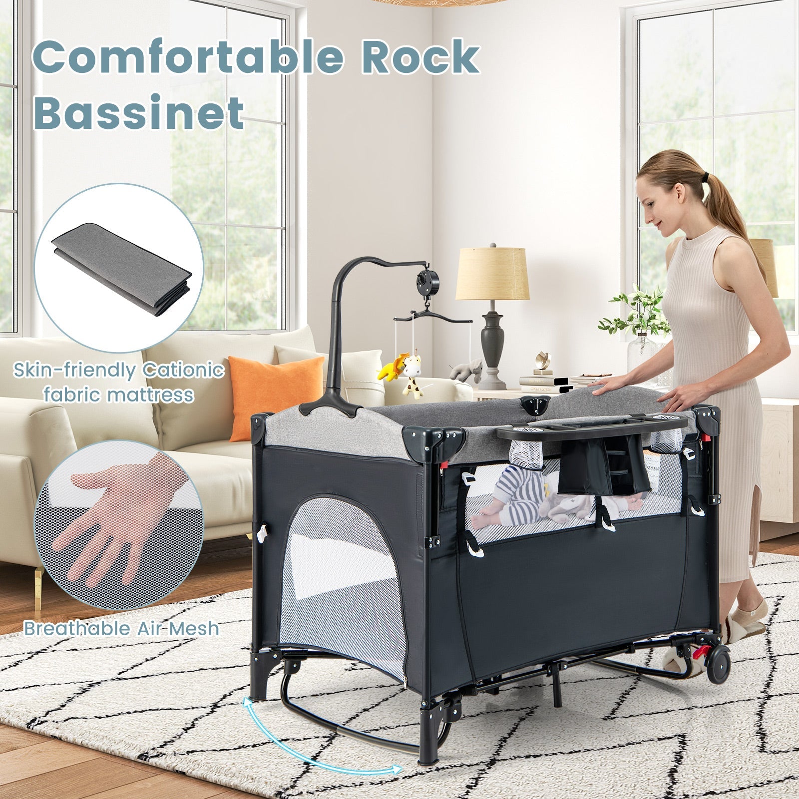 5-in-1 Baby Nursery Center Foldable Toddler Bedside Crib with Music Box