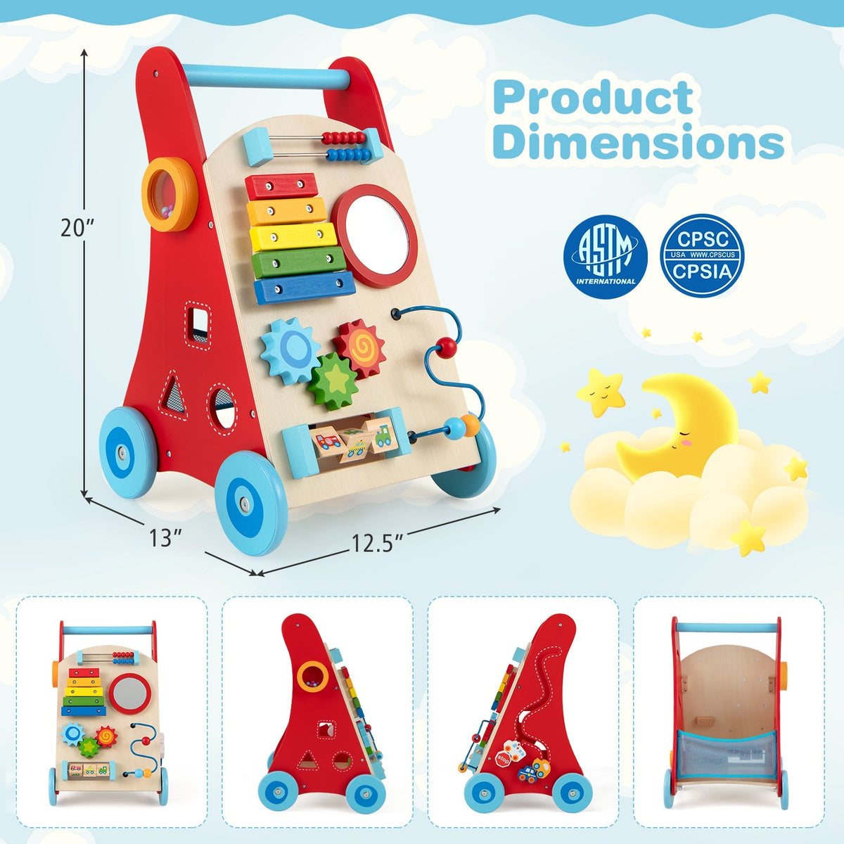 Baby Push Walker with Handle and Wheels for Boys & Girls 3+ Years Old-Muticolor