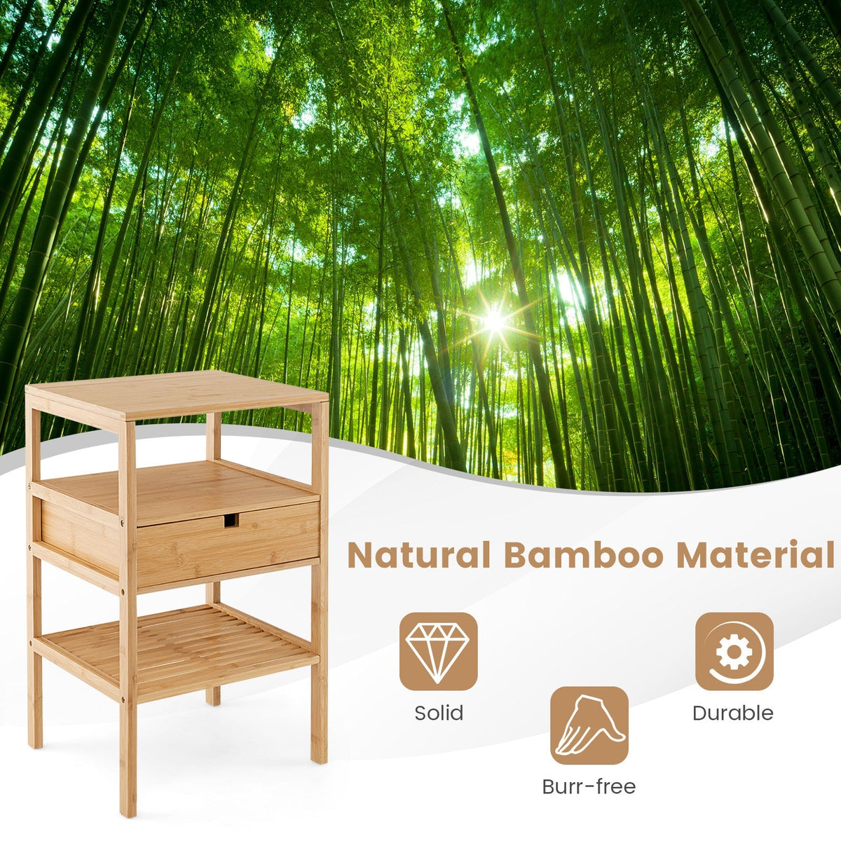 Bamboo Nightstand with Storage Drawer and Slatted Shelf