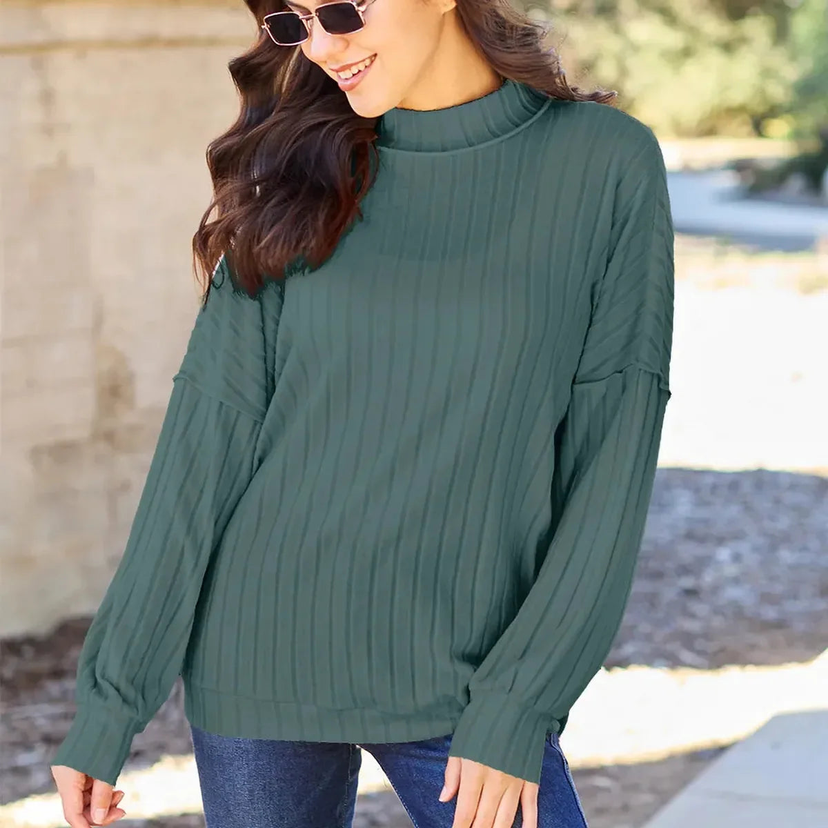 Ribbed Mock Neck Long Sleeve Top with Exposed Seams