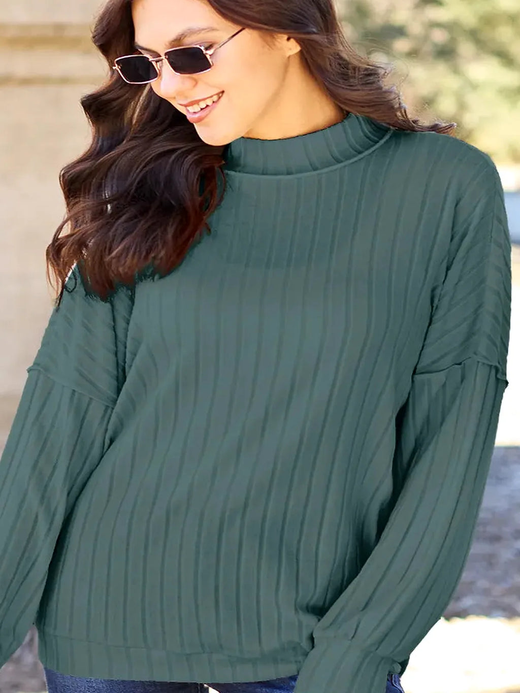 Ribbed Mock Neck Long Sleeve Top with Exposed Seams