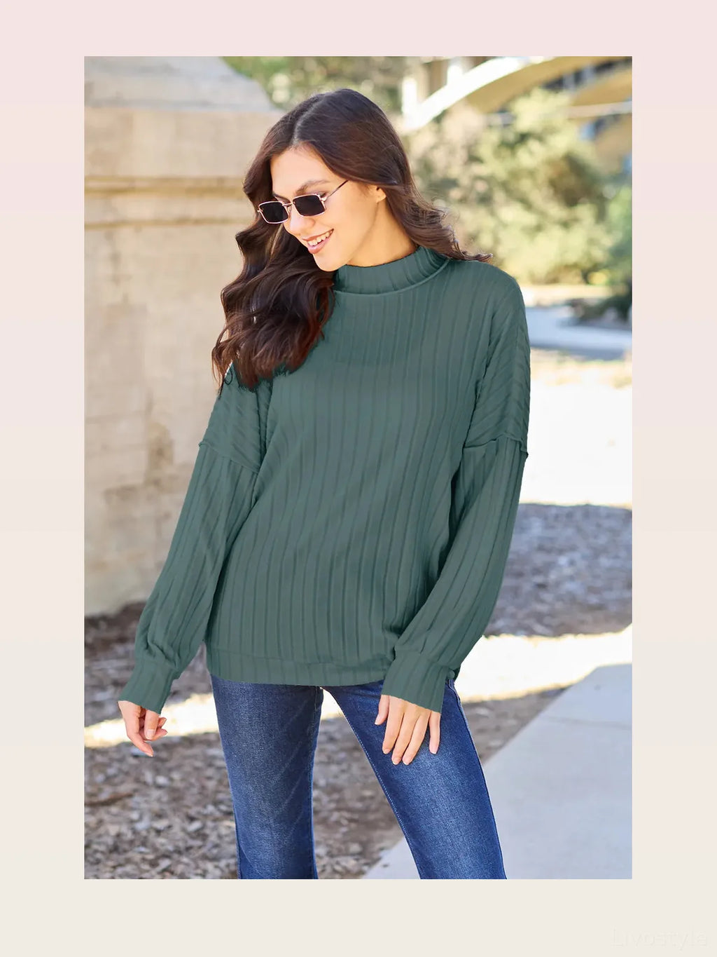 Ribbed Mock Neck Long Sleeve Top with Exposed Seams