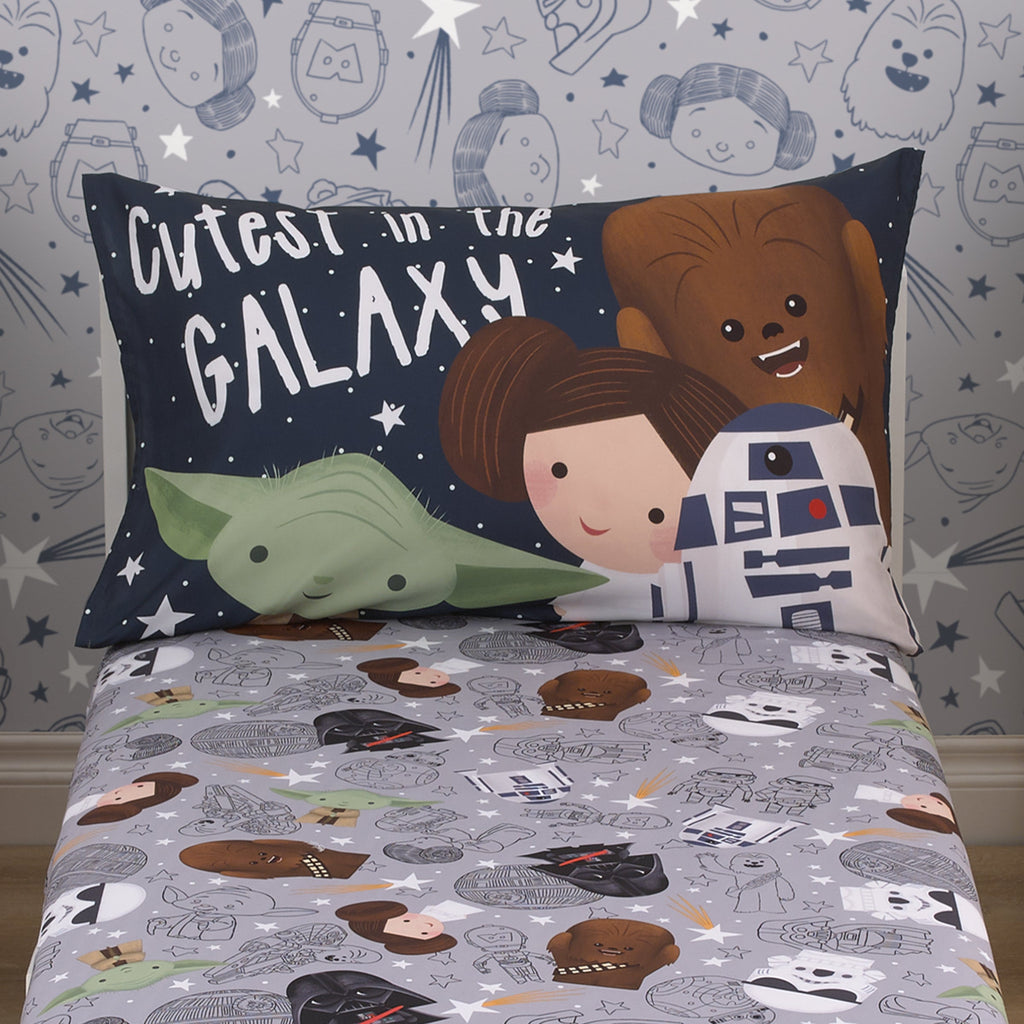 Star Wars Welcome to the Galaxy Navy and Gray Yoda, Princess Leia, R2-D2, and Chewbacca 2 Piece Toddler Sheet Set - Fitted Bottom Sheet and Reversible Pillowcase