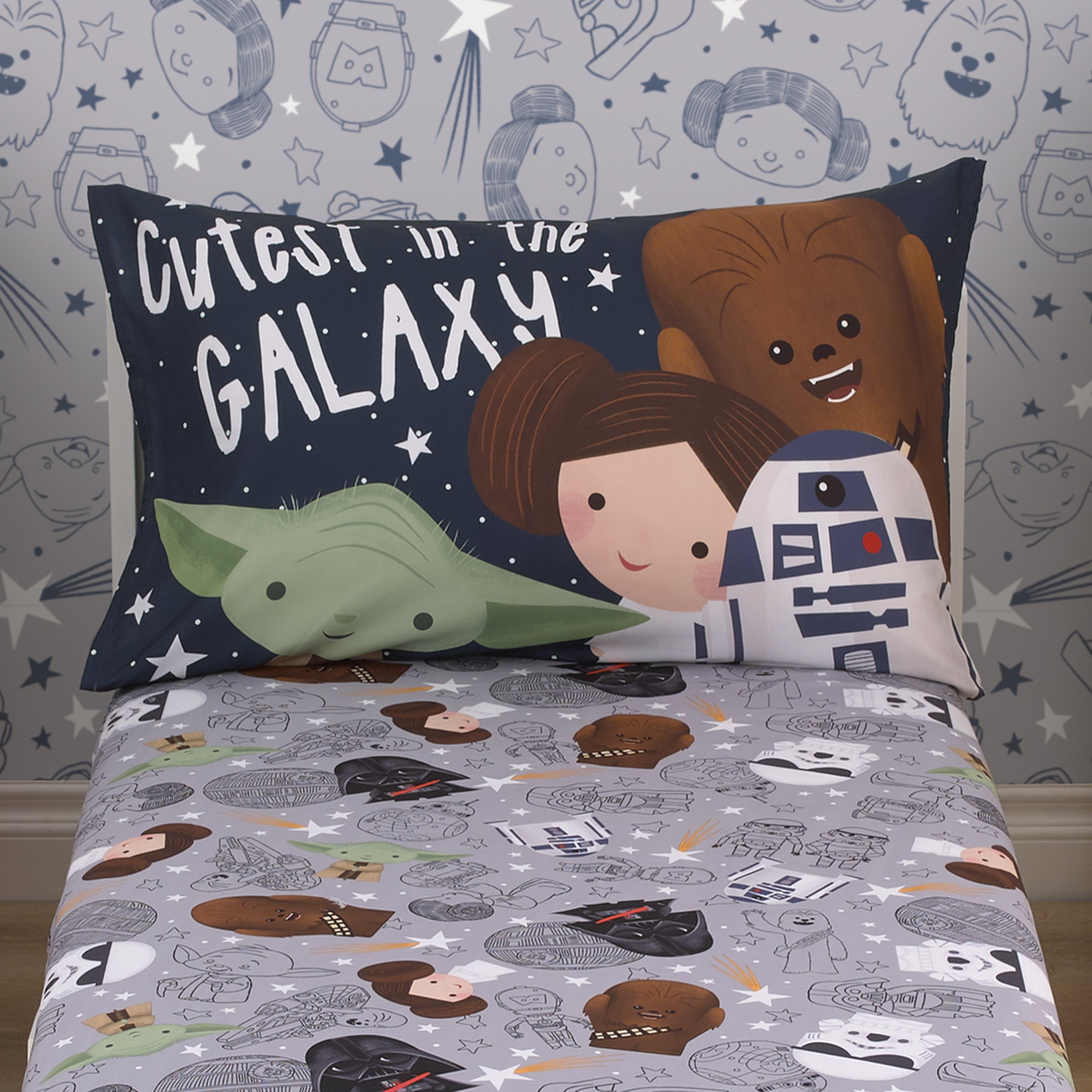 Star Wars Welcome to the Galaxy Navy and Gray Yoda, Princess Leia, R2-D2, and Chewbacca 2 Piece Toddler Sheet Set - Fitted Bottom Sheet and Reversible Pillowcase