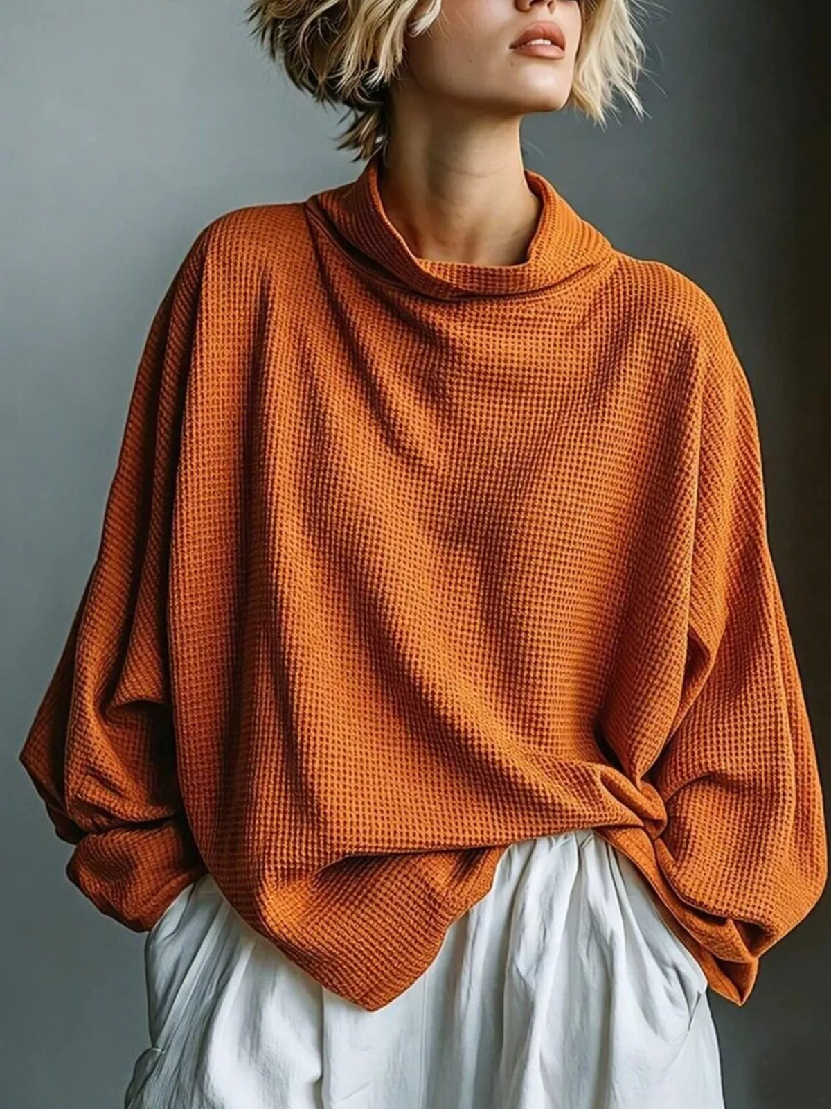 Full Size Oversized Waffle Knit Mock Neck T-Shirt Plus Size