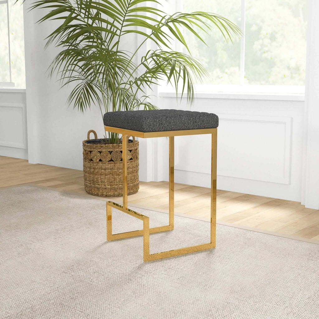 Mid Century Modern Upholstered Stool with Boucle Fabric - Beige or Grey