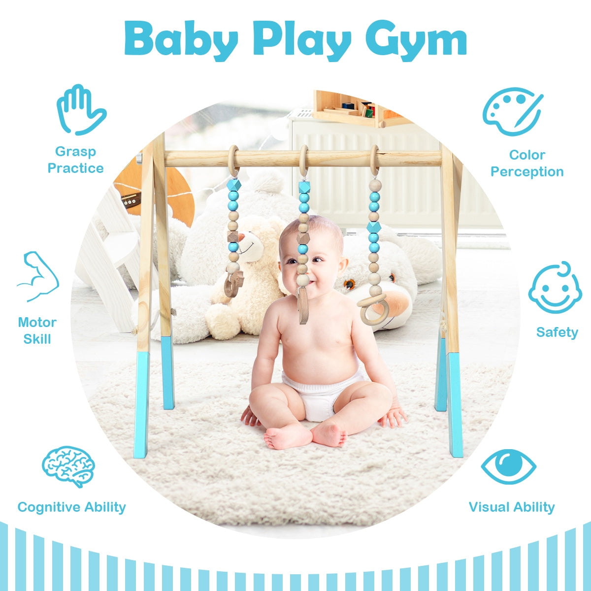 Portable 3 Wooden Newborn Baby Exercise Activity Gym Teething Toys Hanging Bar