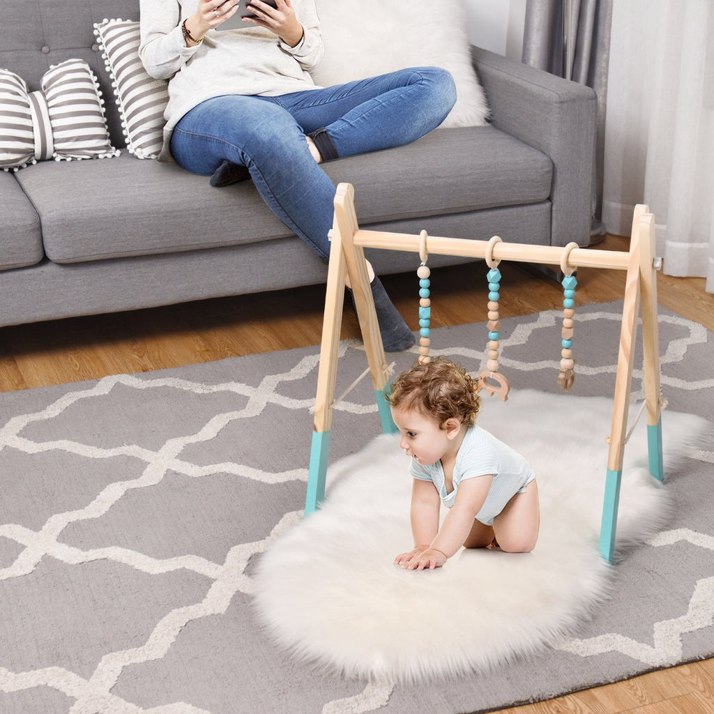 Portable 3 Wooden Newborn Baby Exercise Activity Gym Teething Toys Hanging Bar