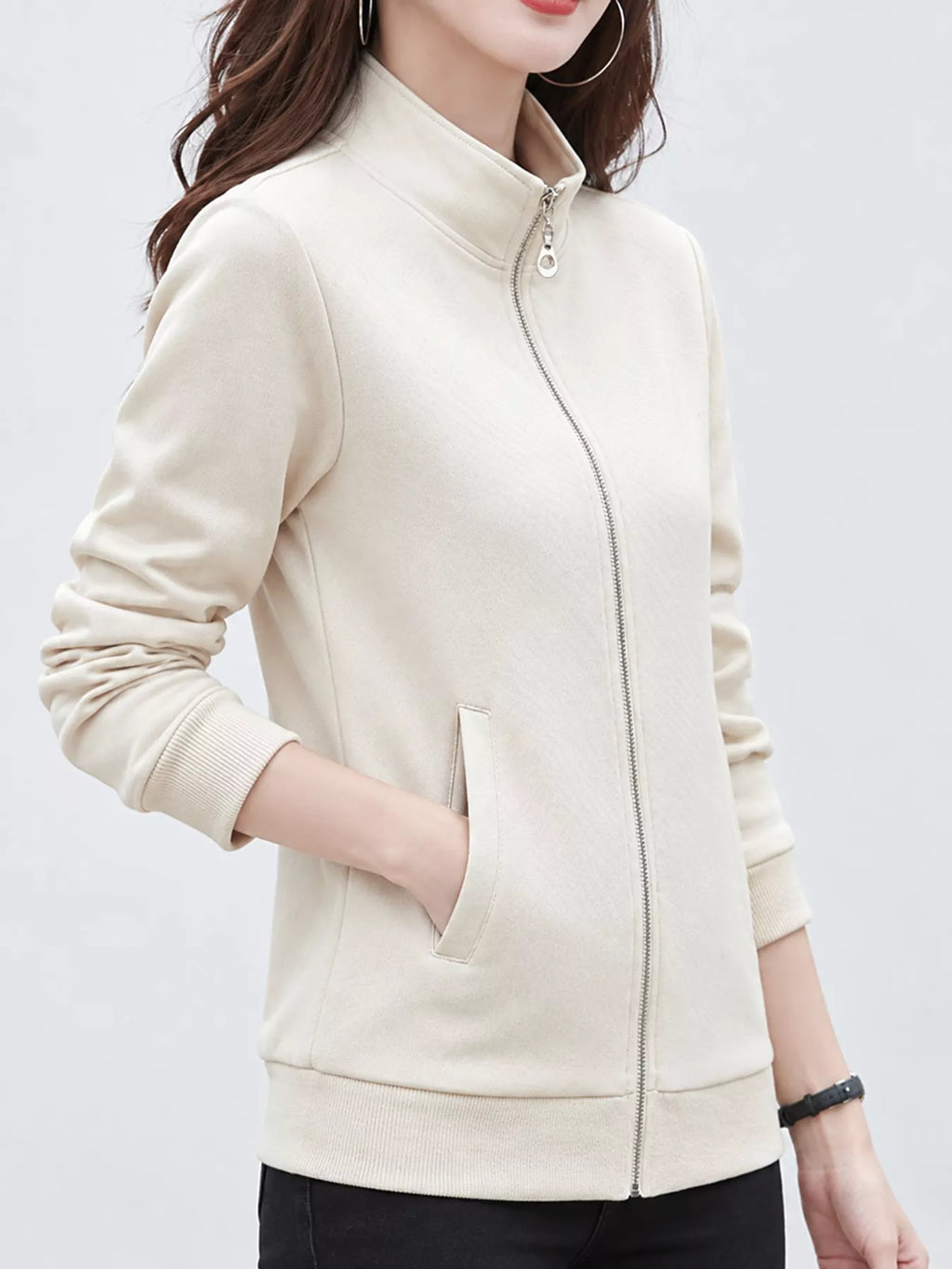 Full Size Stand-Collar Zip-Up Sweatshirt Plus Size