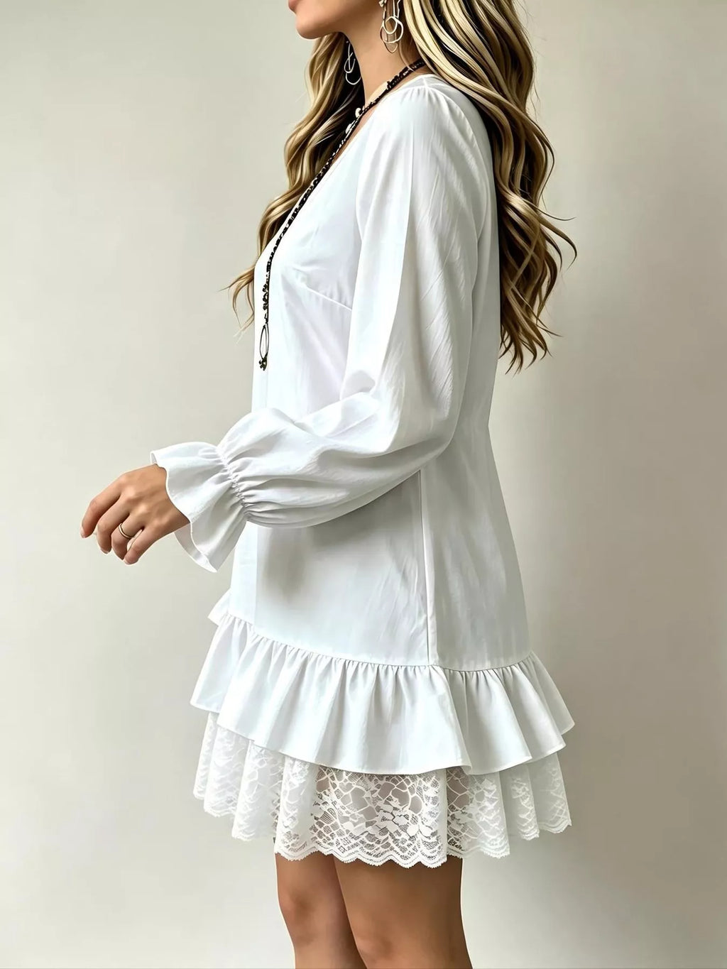 Lace Hem V-Neck Flounce Sleeve Dress