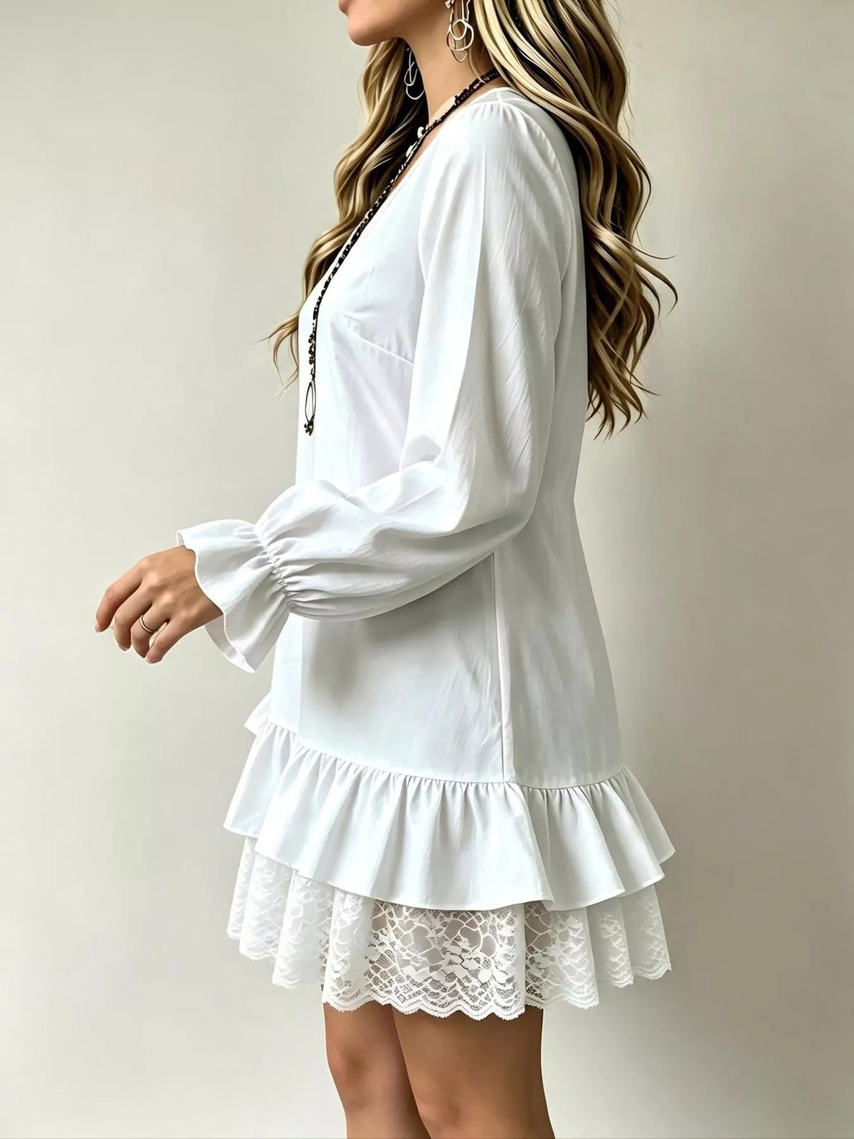 Lace Hem V-Neck Flounce Sleeve Dress
