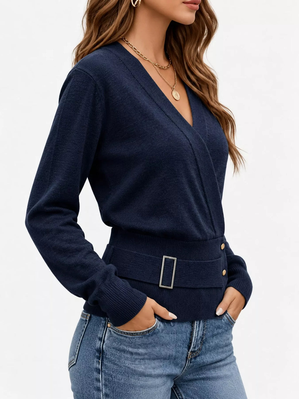 Surplice Elastic Waist Long Sleeve Knit Top