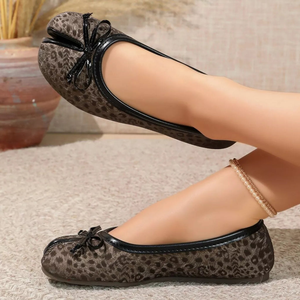 Leopard Bow Detail Split Toe Slip-Ons