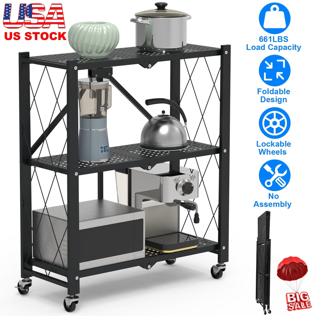 3-Tier Foldable Storage Shelf With Wheels