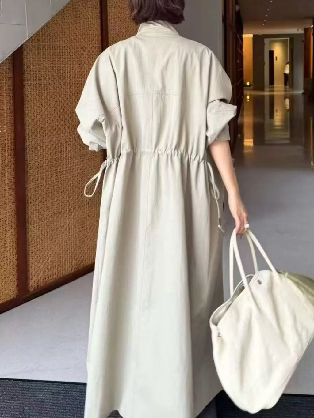 Drawstring Open Front Longline Trench Coat